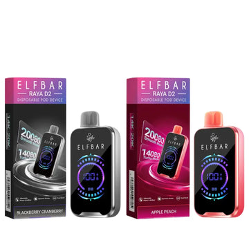 Elf Bar Raya D2 Disposable Pod Device in Blackberry Cranberry and Apple Peach flavours, featuring 20,000 puffs with Smooth and Turbo modes.