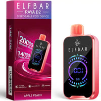 Elf Bar Raya D2 Disposable Pod Device in  Apple Peach flavour, featuring 20,000 puffs with Smooth and Turbo modes.