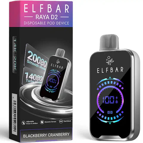 Elf Bar Raya D2 Disposable Pod Device in Blackberry Cranberry flavour, featuring 20,000 puffs with Smooth and Turbo modes.