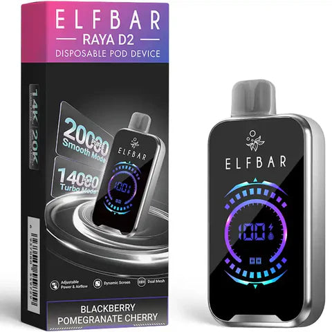 Elf Bar Raya D2 Disposable Pod Device in Blackberry Pomegranate flavours, featuring 20,000 puffs with Smooth and Turbo modes.