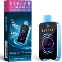 Elf Bar Raya D2 Disposable Pod Device in Blue Razz Ice flavour, featuring 20,000 puffs with Smooth and Turbo modes.