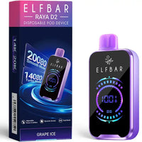 Elf Bar Raya D2 Disposable Pod Device in Grape Ice flavour, featuring 20,000 puffs with Smooth and Turbo modes.