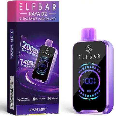 Elf Bar Raya D2 Disposable Pod Device in Grape Mint flavour, featuring 20,000 puffs with Smooth and Turbo modes.