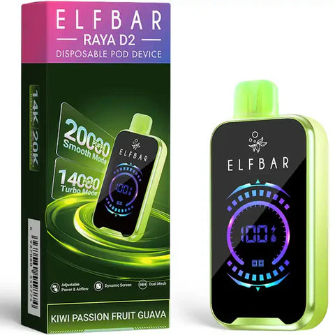 Elf Bar Raya D2 Disposable Pod Device in Kiwi Passionfruit Guava flavour, featuring 20,000 puffs with Smooth and Turbo modes.