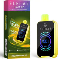 Elf Bar Raya D2 Disposable Pod Device in Pineapple Mango Ice flavour, featuring 20,000 puffs with Smooth and Turbo modes.