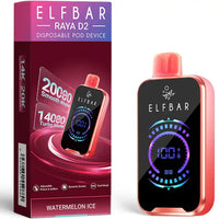 Elf Bar Raya D2 Disposable Pod Device in Watermelon Ice flavour, featuring 20,000 puffs with Smooth and Turbo modes.