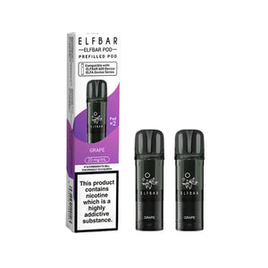 Elf Bar 600 grape flavour prefilled vape pods with packaging on a white background 