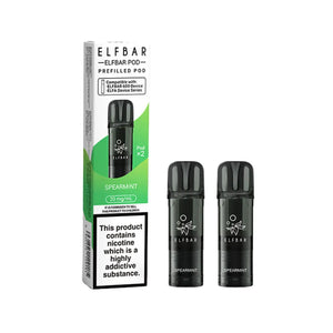 Elf Bar 600 spearmint flavour prefilled vape pods with packaging on a white background 