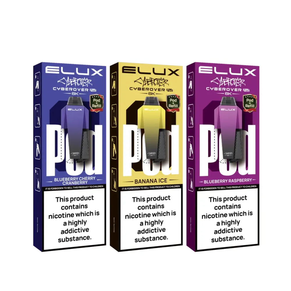 Elux Cyberover 6K Refill Pods for the Elux Cyberover Prefilled Pod Vape Kit showing 3 Different Flavours - Blueberry Cherry Cranberry - Banana Ice - Blueberry Raspberry 