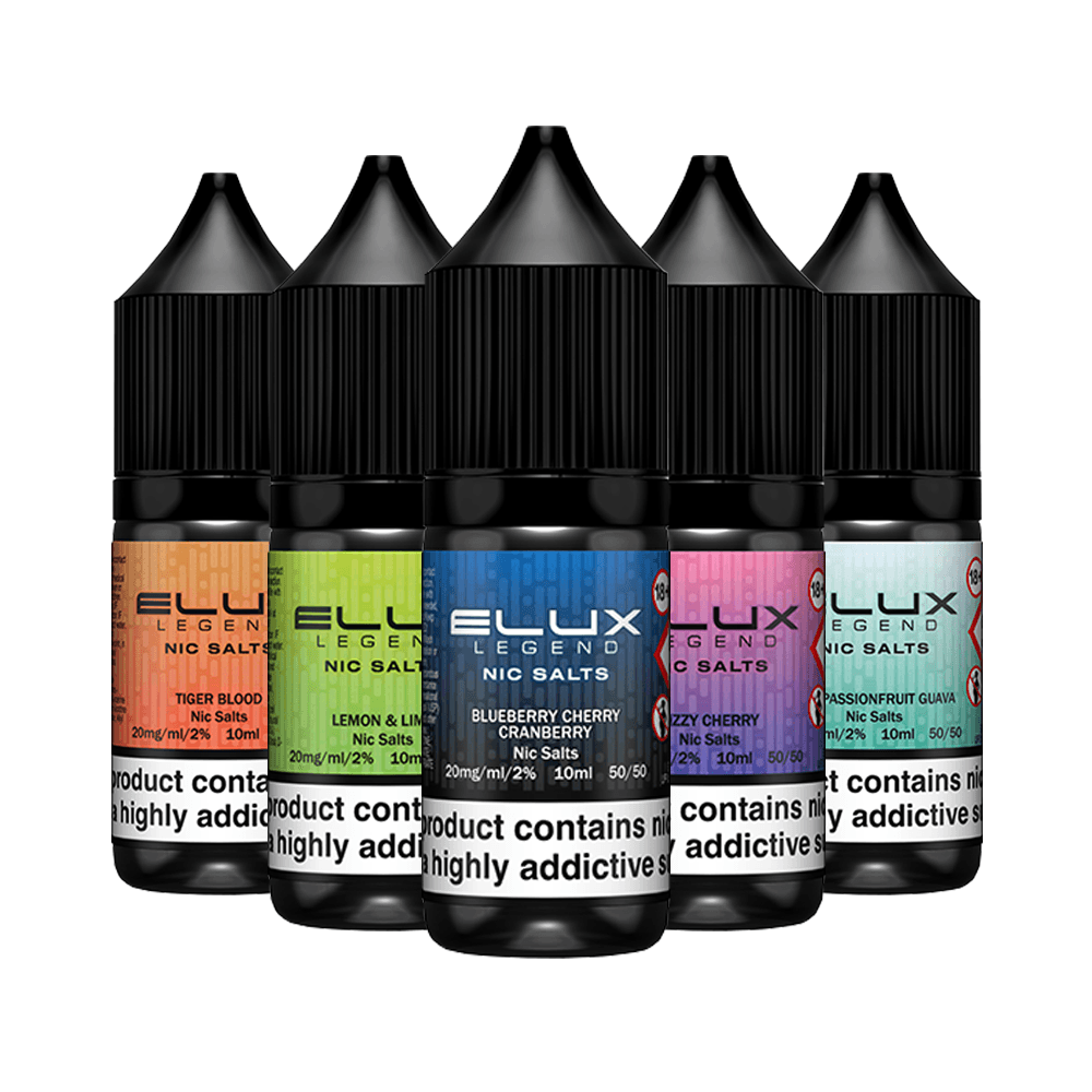 Five Elux Legend nicotine salt vape bottles in assorted flavours.