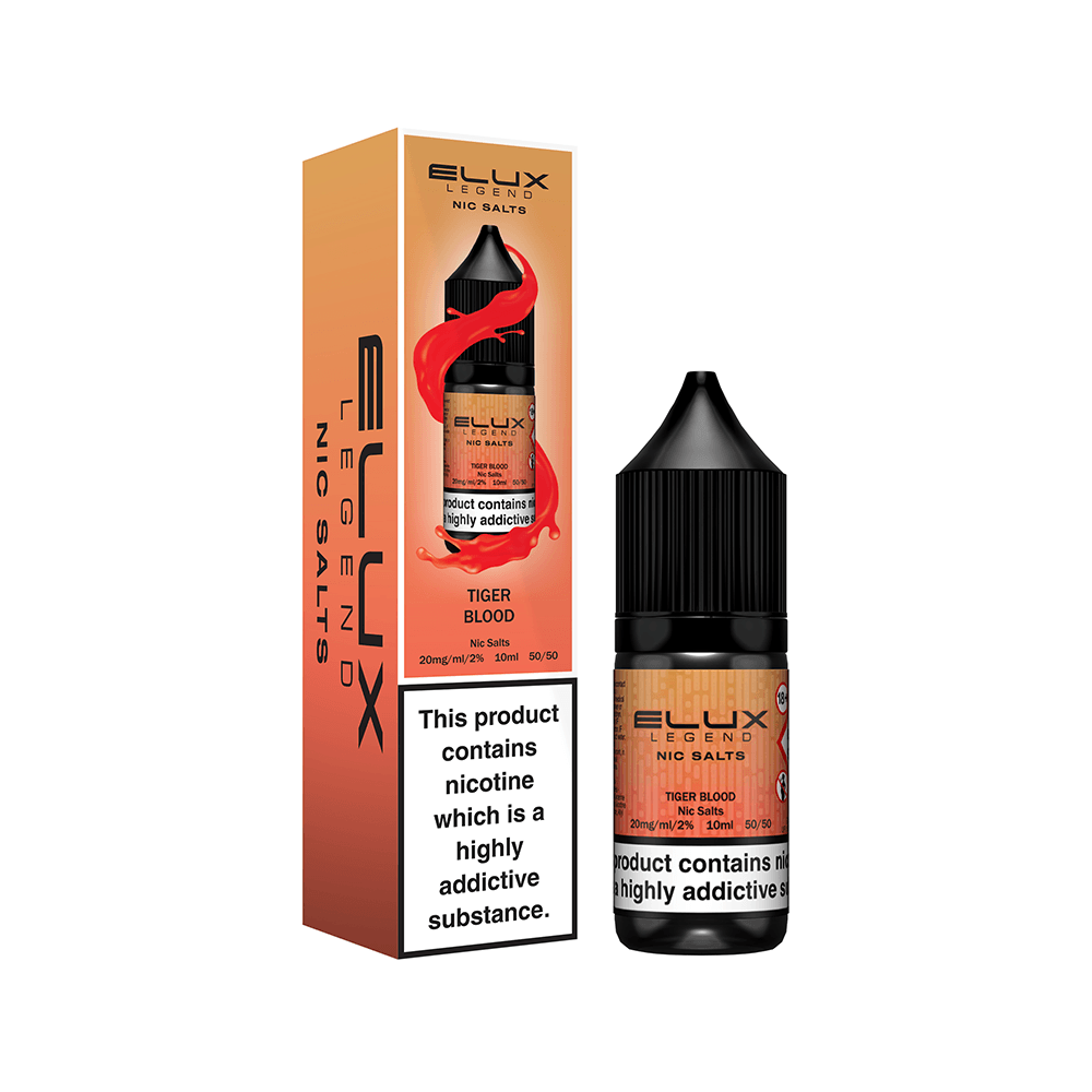 Elux Legend Nic Salts Tiger Blood e-liquid bottle and box, UK vape shop branding visible.