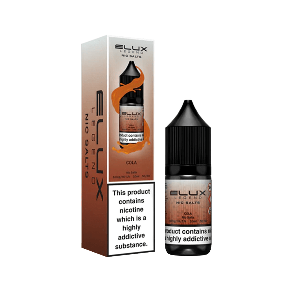 Elux Legend Cola Nic Salts e-liquid bottle and box, 10ml, UK.