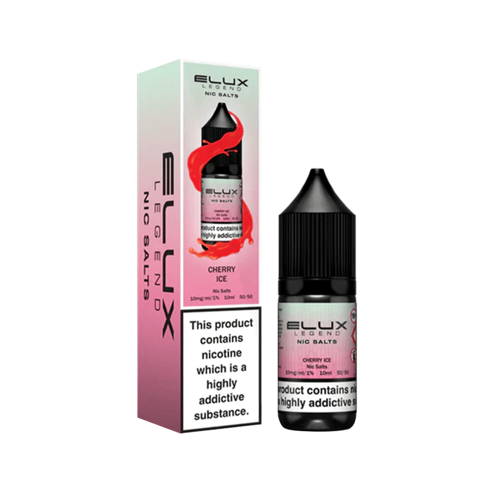 Elux Legend Cherry Ice 10ml nic salts with box, featuring a bold design and nicotine warning.