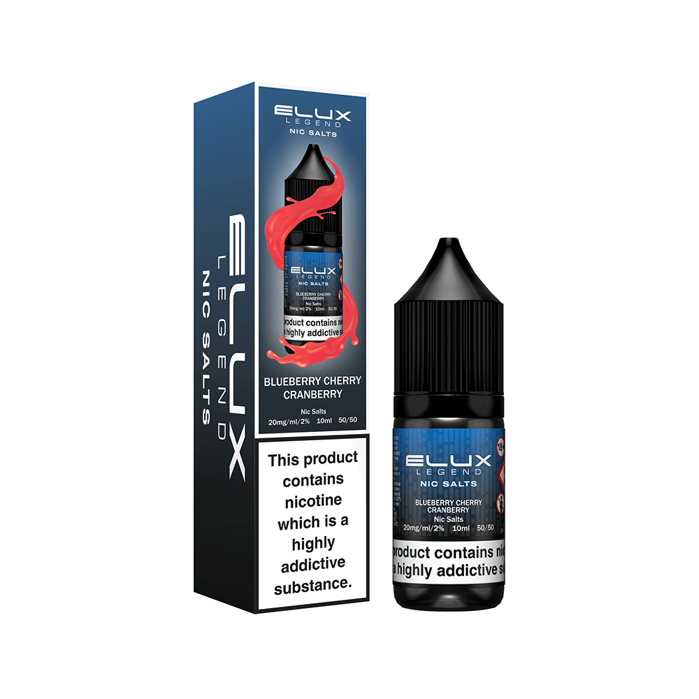 Elux Legend Blueberry Cherry Cranberry Nic Salt vape juice bottle and box.