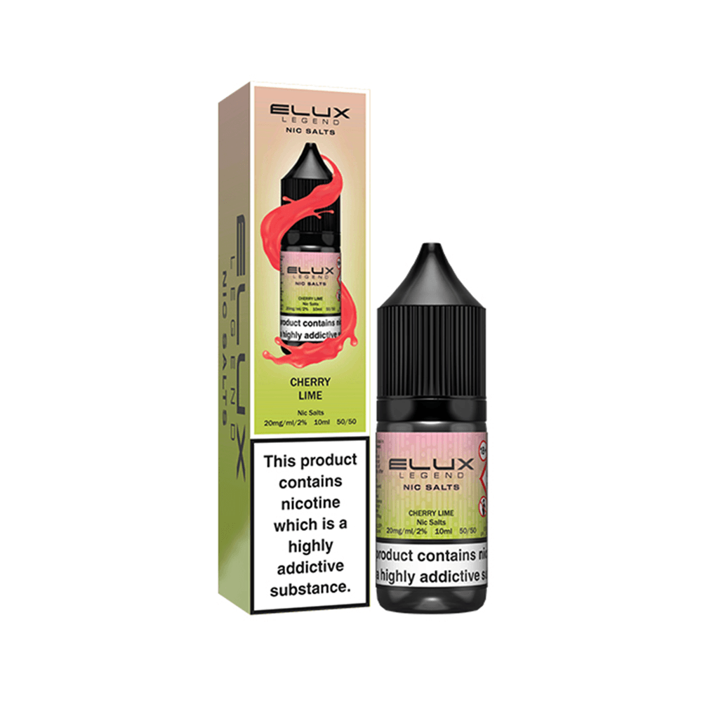 Elux Legend Cherry Lime nic salt e-liquid bottle and packaging, with nicotine warning.