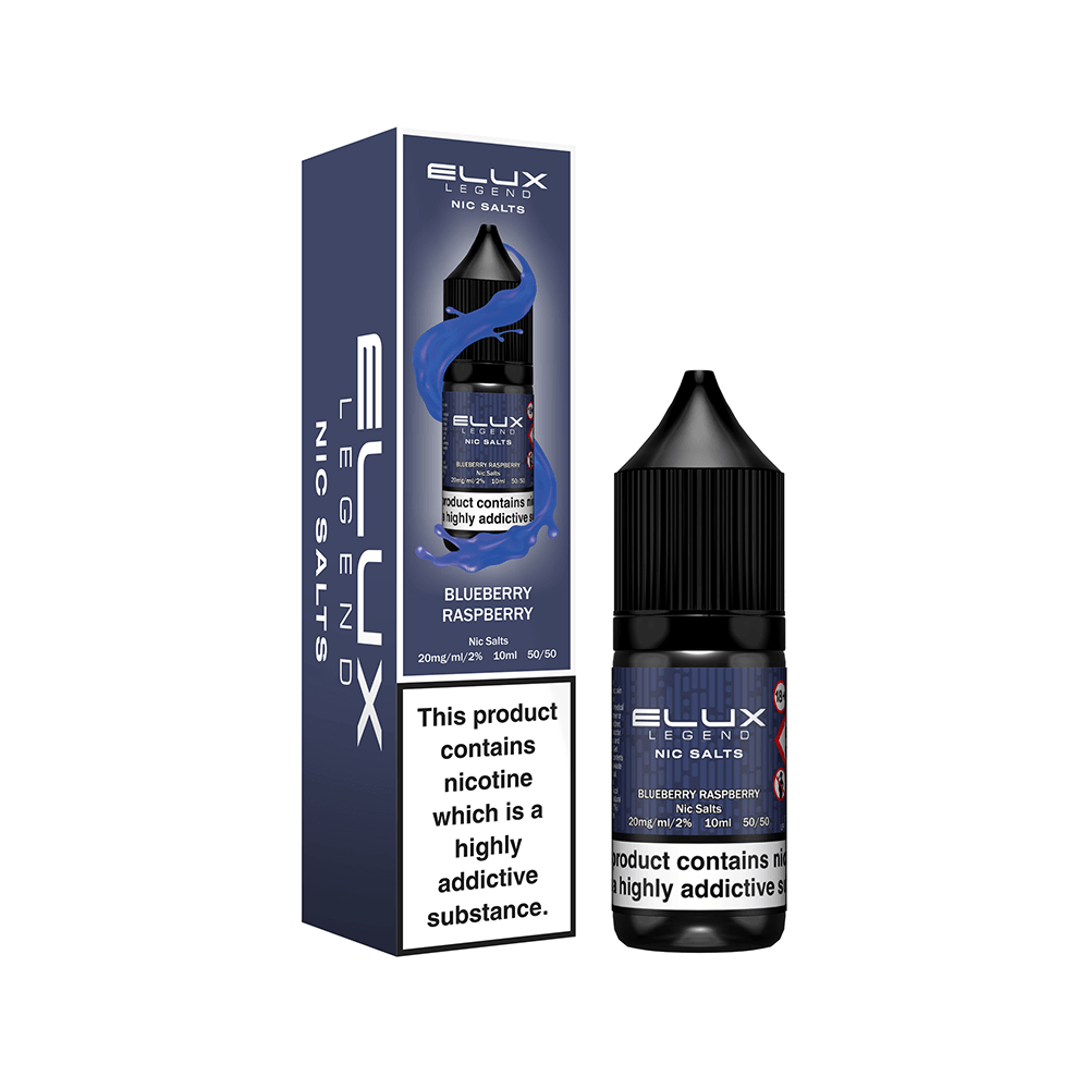 Elux Legend Nic Salts Blueberry Raspberry e-liquid bottle and box with nicotine warning.