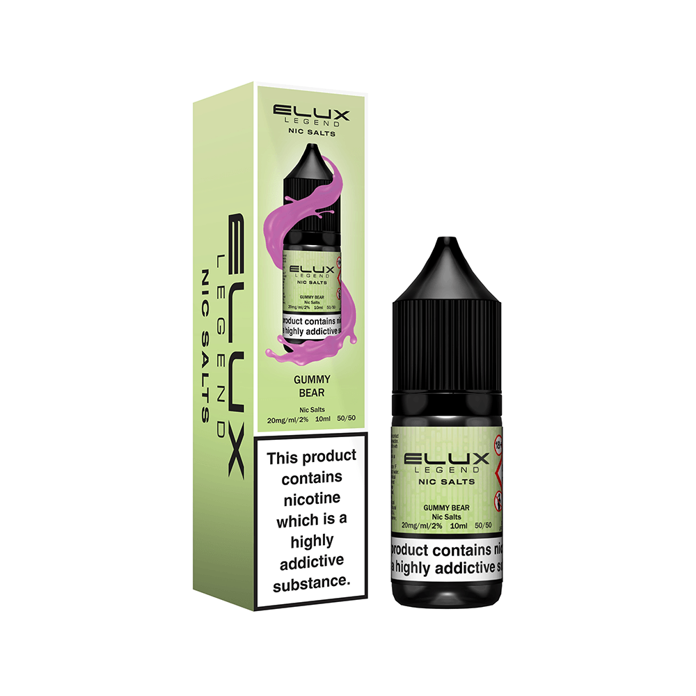 Elux Legend Nic Salts Gummy Bear 10ml bottle and packaging with nicotine warning.