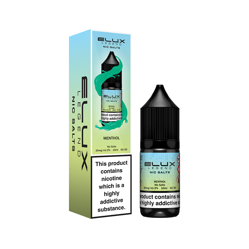 Elux Legend menthol nicotine salt e-liquid bottle and box with warning label.