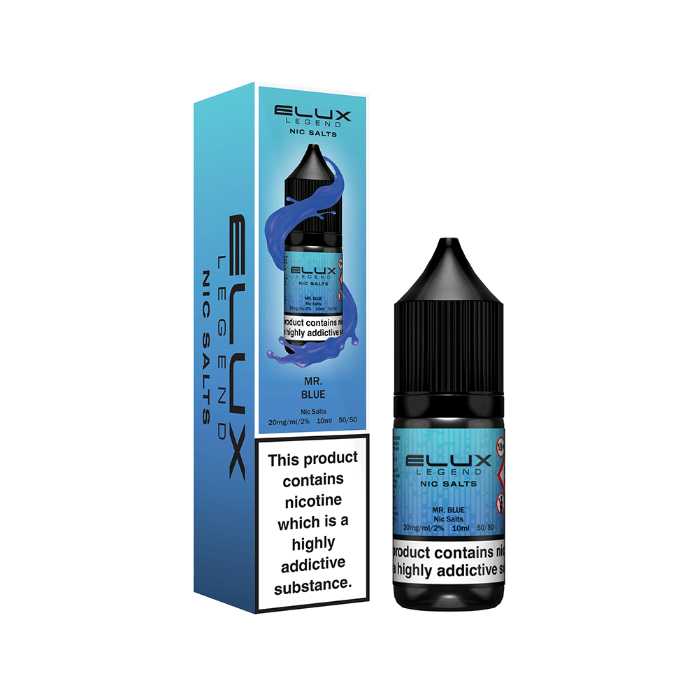 Elux Legend Nic Salts Mr Blue 10ml e-liquid bottle and box with product warning label.