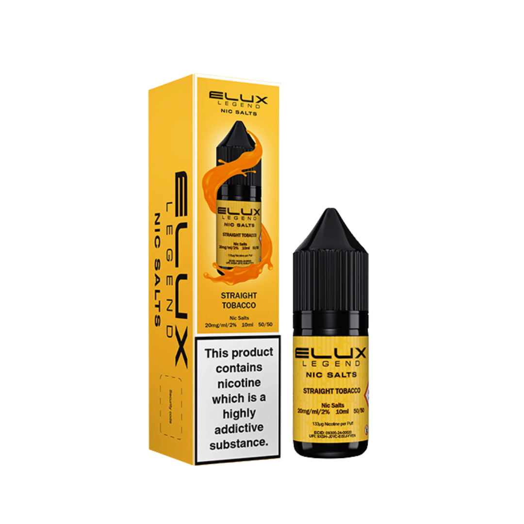 Elux Legend Nic Salt Straight Tobacco e-liquid bottle and box with nicotine warning.