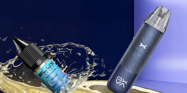 OXVA refillable pod kit in blue with an Elux Legend Mr Blue nic salt e-liquid and liquid splash effect on a dark blue background.