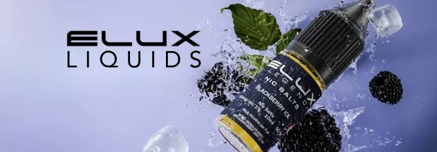 Elux Liquids vape 10ml bottle with blackberries and ice on a blue 