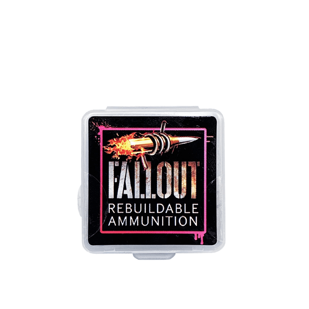 Square box with "Fallout Rebuildable Ammunition" and a flaming bullet graphic on the lid.