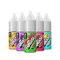 Five Fantasi nic salt e-liquid bottles in various flavours, including orange and watermelon.