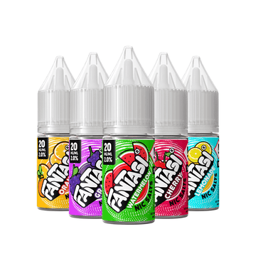 Five Fantasi nic salt e-liquid bottles in various flavours, including orange and watermelon.