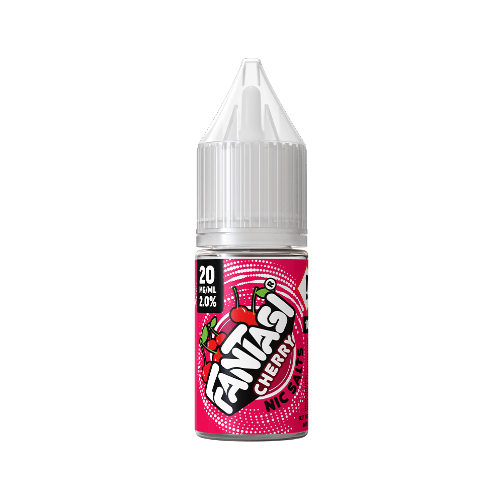 Fantasi Cherry Nic Salt 10ml bottle with vibrant pink label and cherry graphics.