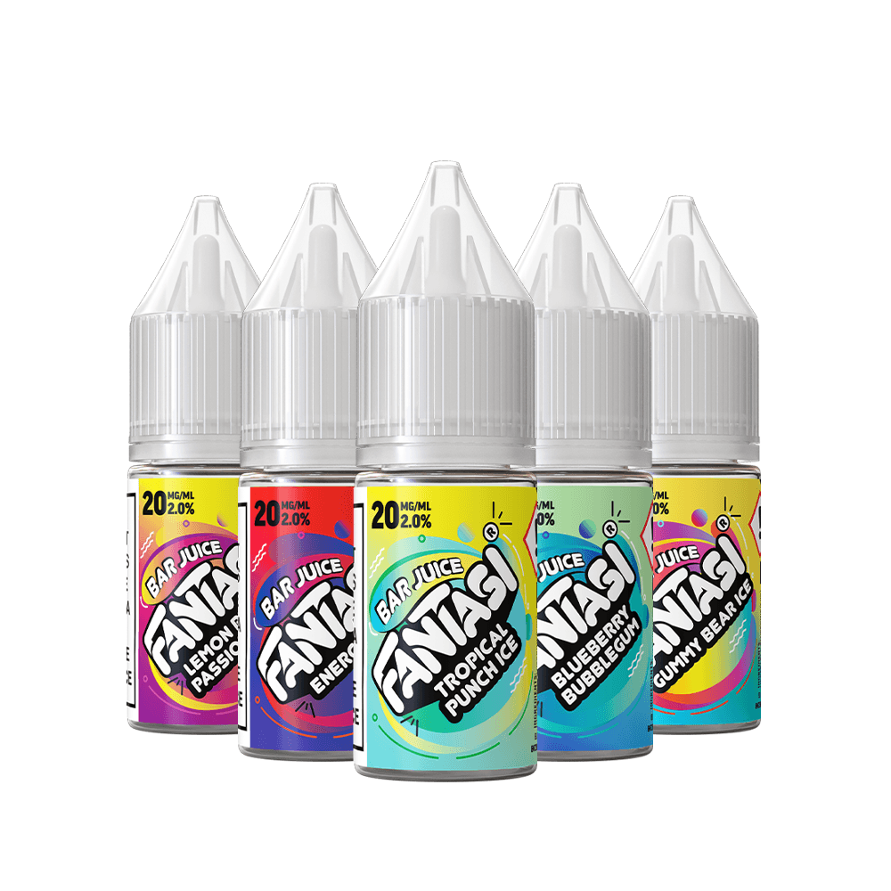 Five Fantasi Bar Juice 10ml bottles in various flavours, including Tropical Punch and Blueberry Bubblegum.