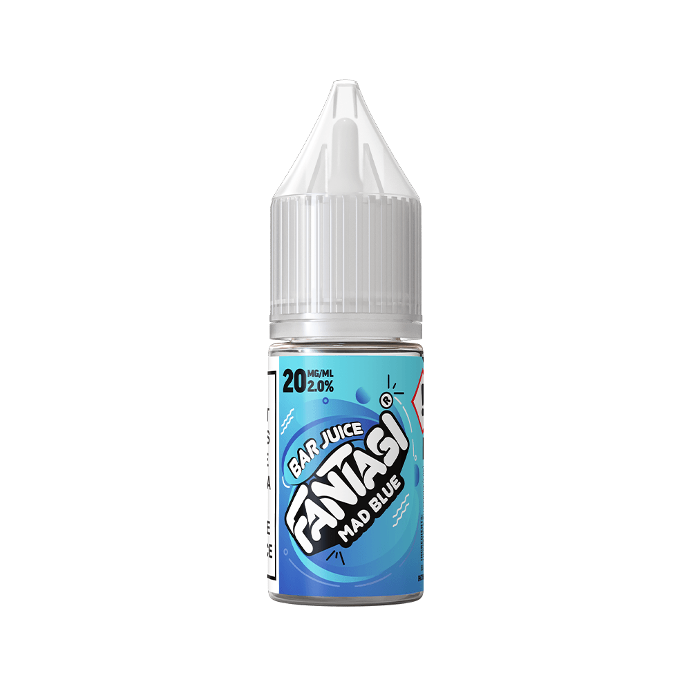 Fantasi Bar Juice Mad Blue 10ml vape liquid in a clear bottle with a blue label.