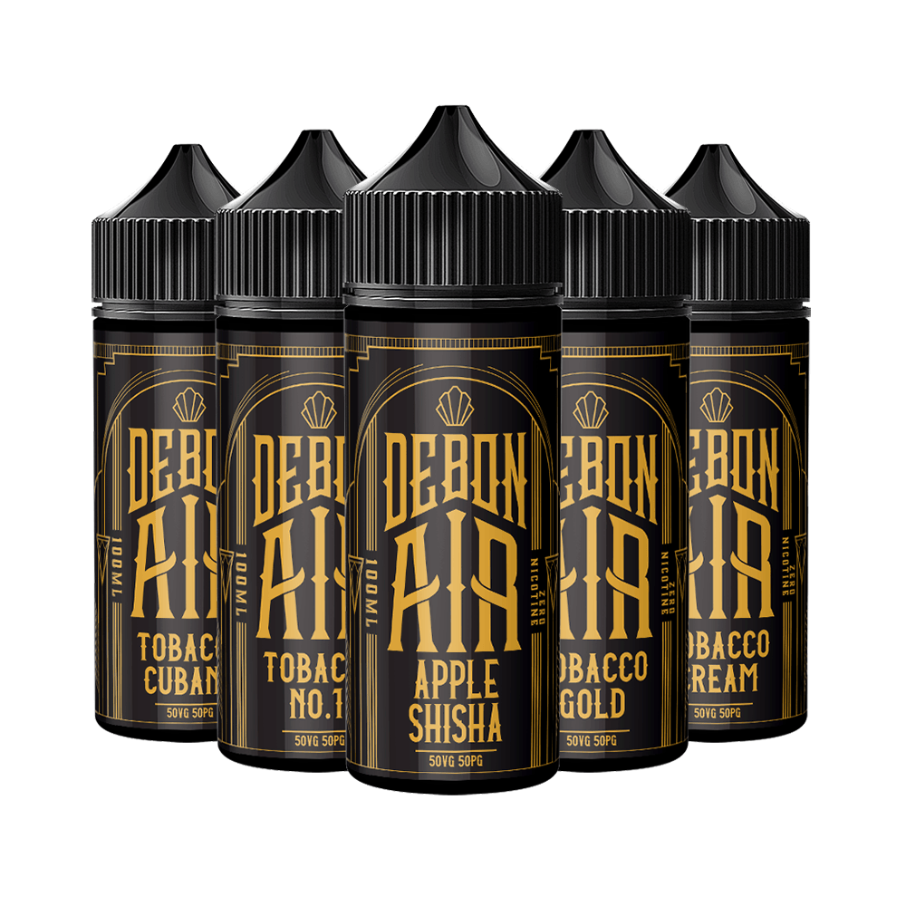 Five Debonair e-liquid bottles with labels: Tobacco Cuban, Tobacco No.1, Apple Shisha, Tobacco Gold, Tobacco Cream.