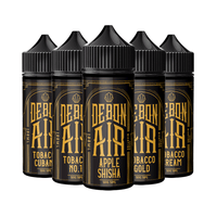 Five Debonair e-liquid bottles with labels: Tobacco Cuban, Tobacco No.1, Apple Shisha, Tobacco Gold, Tobacco Cream.