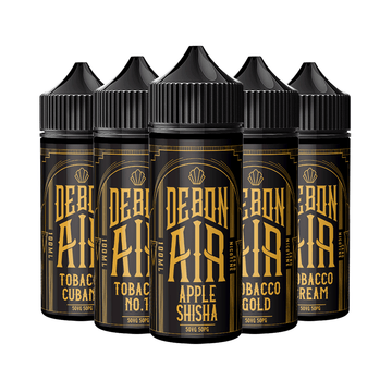 Five Debonair e-liquid bottles with labels: Tobacco Cuban, Tobacco No.1, Apple Shisha, Tobacco Gold, Tobacco Cream.