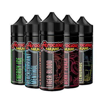 Five Ferocious Bar Juice bottles: Energy Ice, Blackcurrant Menthol, Tiger Blood, Berry Peach, L'monade.