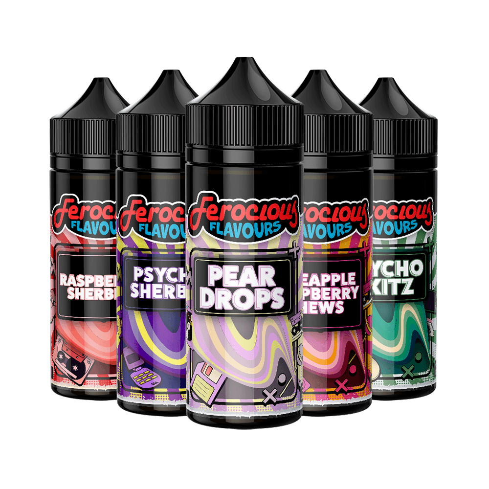 Five Ferocious Flavours vape juice bottles: Raspberry Sherbet, Psycho Sherbet, Pear Drops, Pineapple Raspberry Chews, Psycho Kitz.