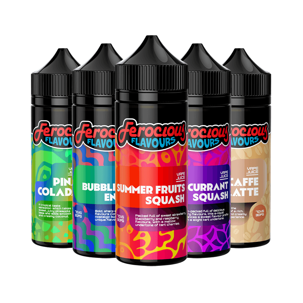 Five Ferocious Flavours vape juices, including Pina Colada and Bubblegum Energy, in vivid bottles.