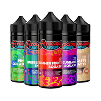 Five Ferocious Flavours vape juices, including Pina Colada and Bubblegum Energy, in vivid bottles.