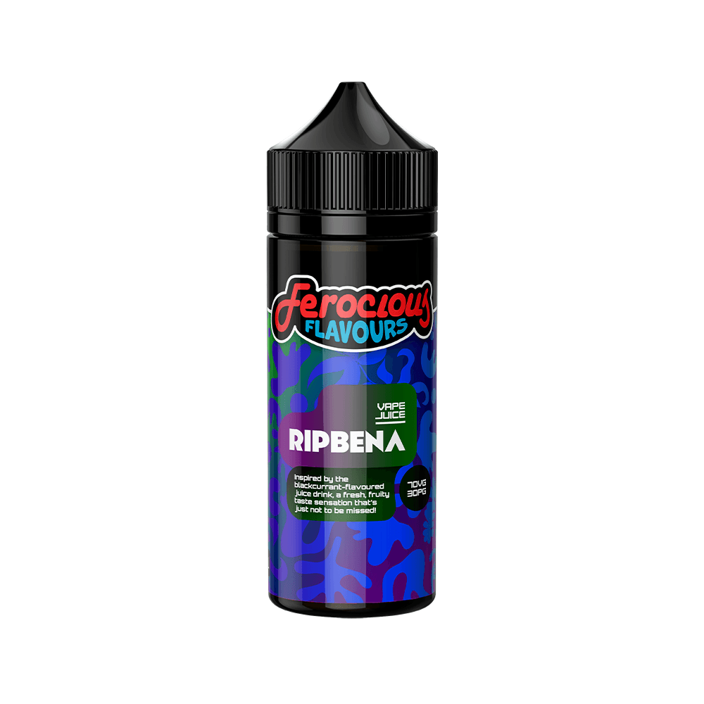 Ferocious Flavours Ripbena 100ml vape juice bottle with bold blue and purple design.