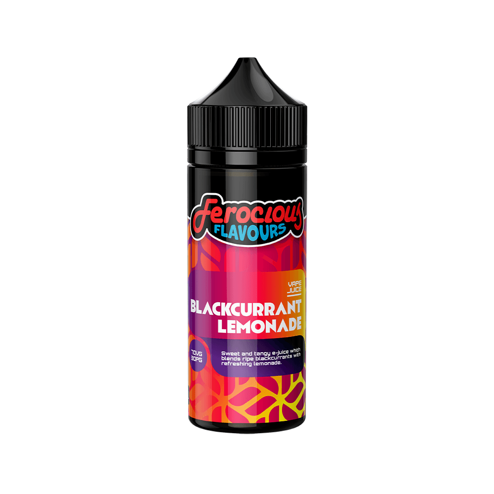 Ferocious Flavours Blackcurrant Lemonade 100ml e-liquid bottle with vibrant label design.