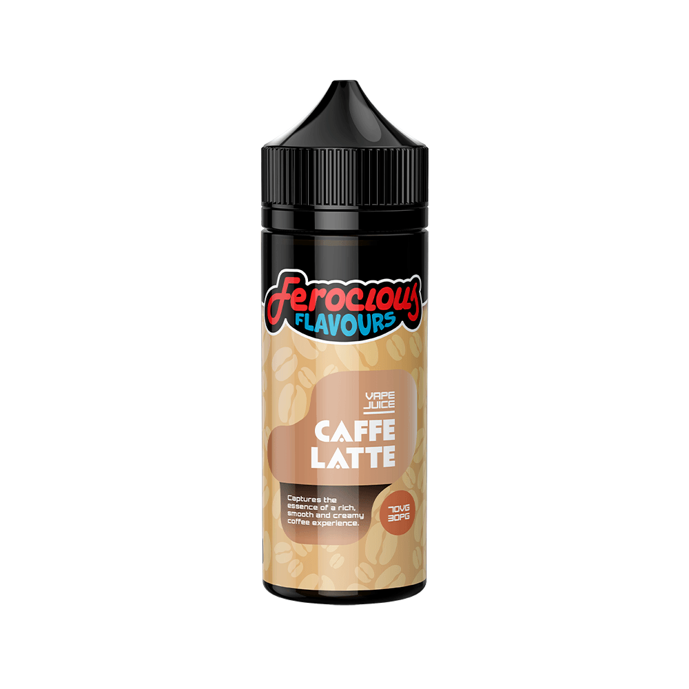 Ferocious Flavours Caffe Latte vape juice bottle with a black cap and coffee bean design.