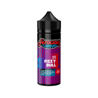 Ferocious Flavours Fizzy Bull vape juice bottle, 100ml shortfill, with vibrant red and blue design.