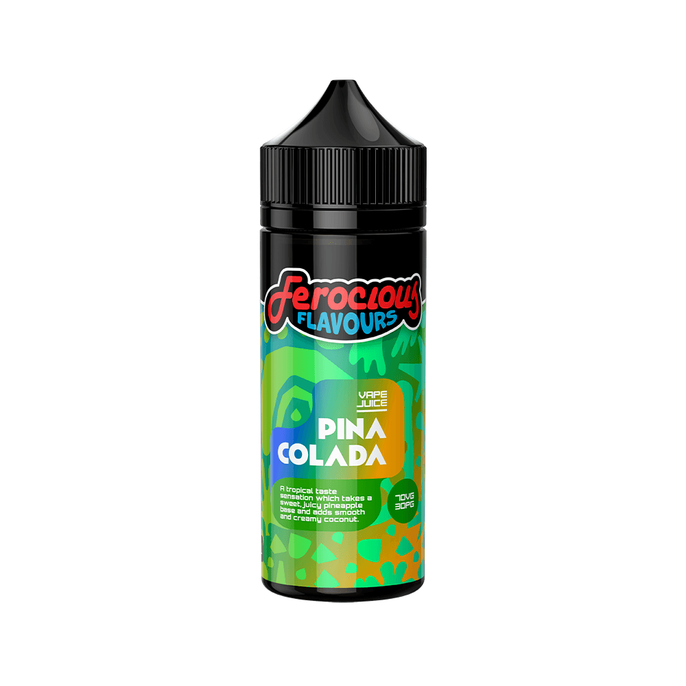 Ferocious Flavours Pina Colada vape juice bottle with vibrant tropical design.