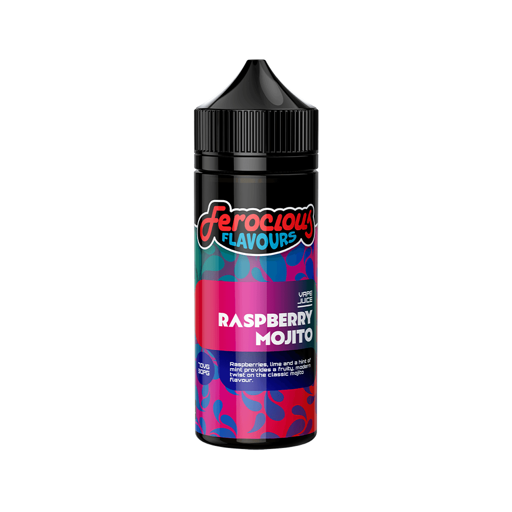 Ferocious Flavours Raspberry Mojito 100ml vape juice bottle with vibrant label design.