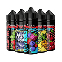 Five Ferocious Flavours e-liquid bottles: Strawberry Lime, Berry Lemon Sour, Berrylicious Ice, Cubes, Cherry Bomb.