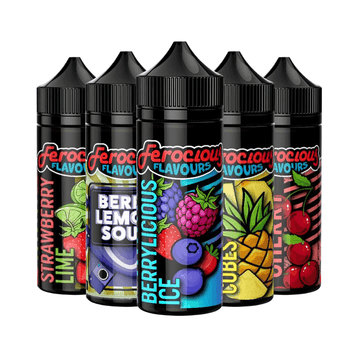 Five Ferocious Flavours e-liquid bottles: Strawberry Lime, Berry Lemon Sour, Berrylicious Ice, Cubes, Cherry Bomb.