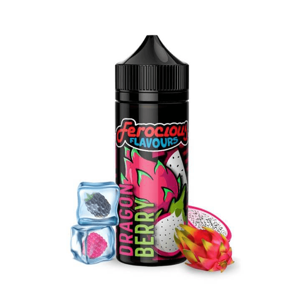 Fantasi Ferocious Dragon Berry e-liquid bottle with ice cubes and dragon fruit.