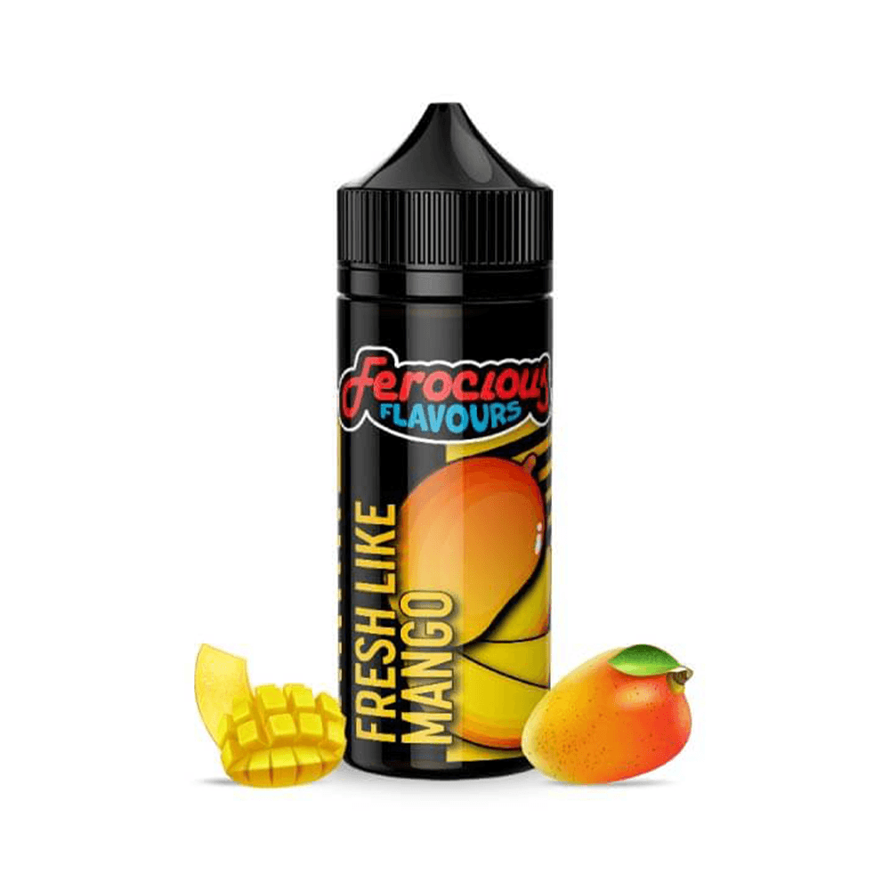 Ferocious Flavours Fresh Like Mango 100ml shortfill bottle with mango slices and fruit.