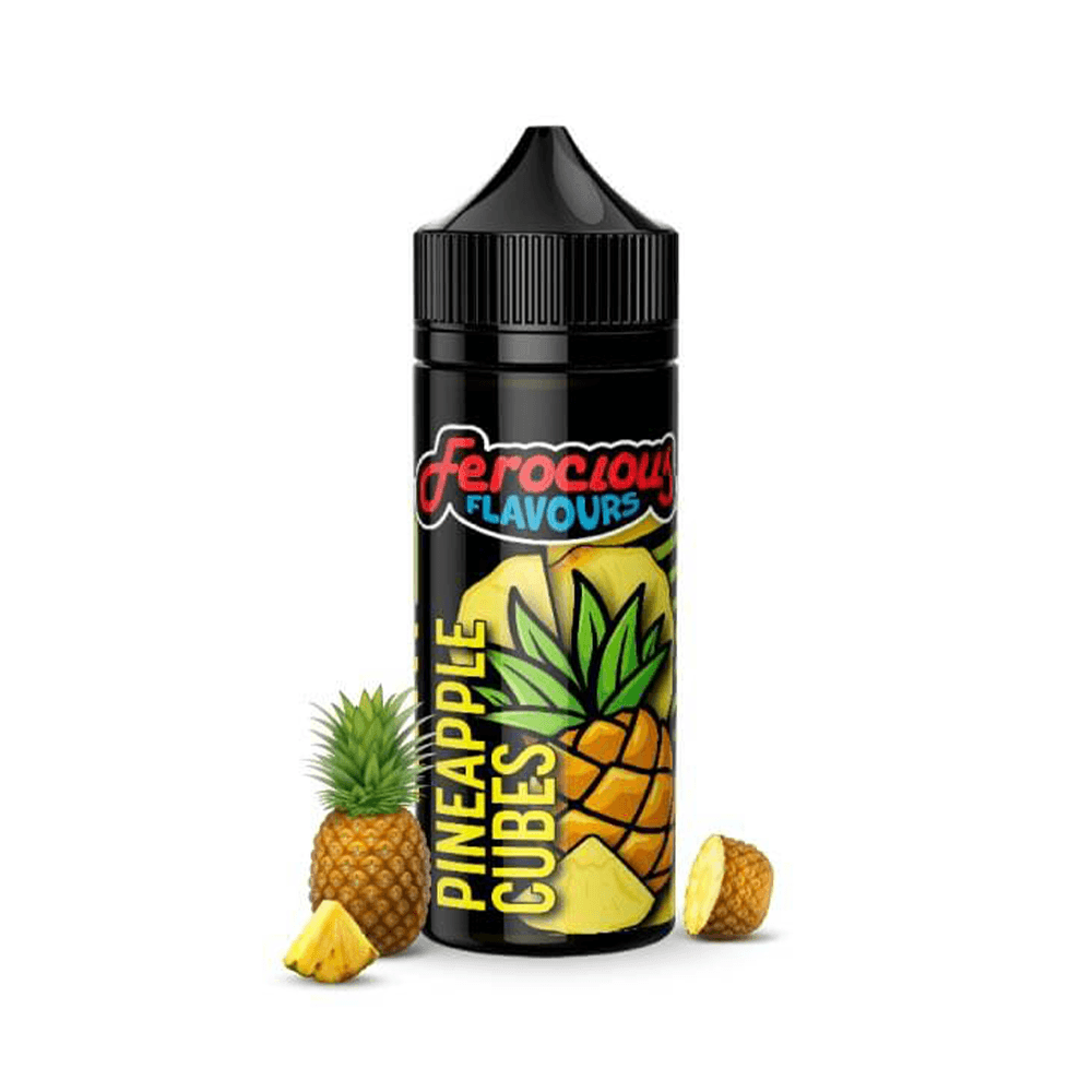 Ferocious Flavours Pineapple Cubes e-liquid bottle with pineapple illustrations.